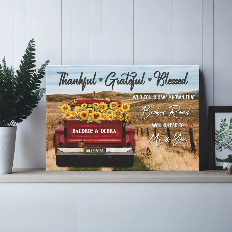 Customized Couple Gifts - Personalized Canvas Prints - Rustic Farmhouse Red Truck, Customized Anniversary Couples Gifts, Thankful, Grateful, Blessed