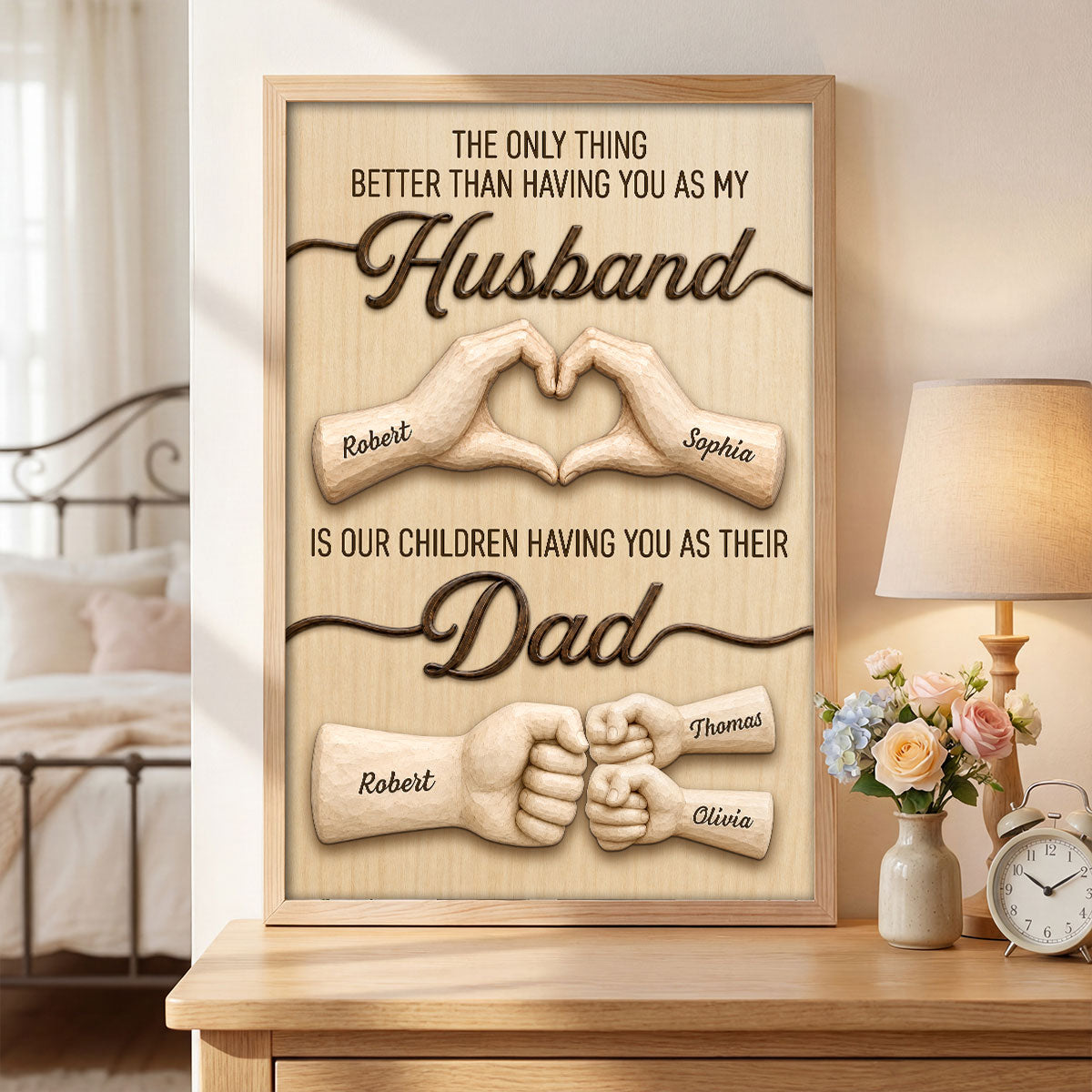 Personalized husband canvas wall art featuring custom name hands making a heart and a father-child fist bump design. image 9