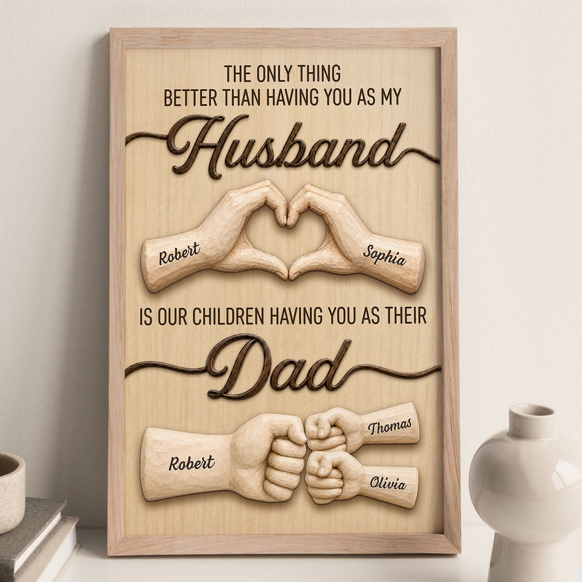 Personalized husband canvas wall art featuring custom name hands making a heart and a father-child fist bump design.