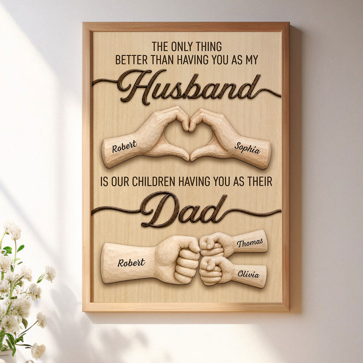 Personalized husband canvas wall art featuring custom name hands making a heart and a father-child fist bump design. image 7