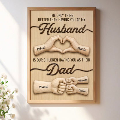 Personalized husband canvas wall art featuring custom name hands making a heart and a father-child fist bump design. image 7