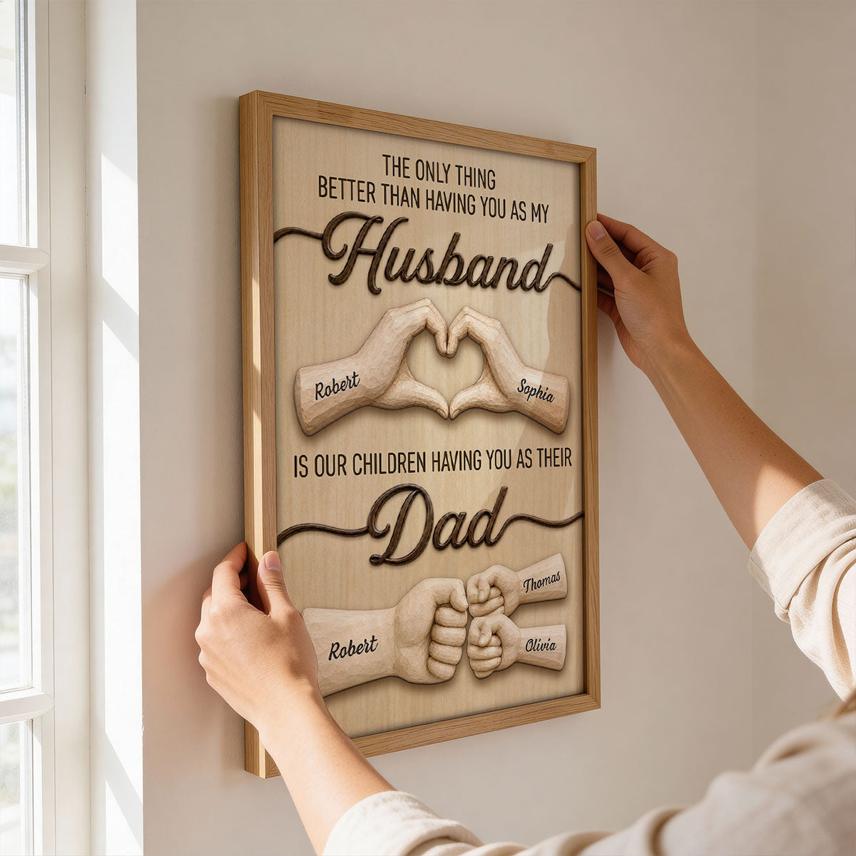 Personalized husband canvas wall art featuring custom name hands making a heart and a father-child fist bump design. image 8