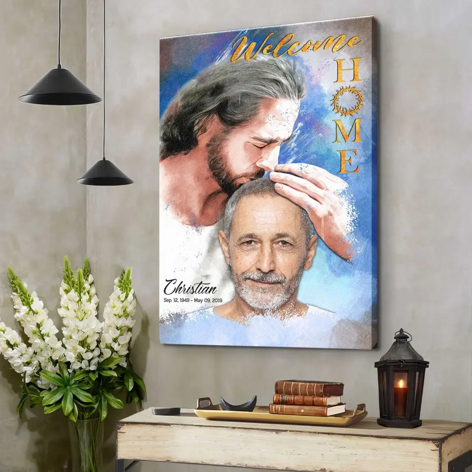 Personalized Canvas Prints, Custom Photo, Sympathy Gifts, Memorial Gift, Safe In The Arms Of Jesus, Welcome Home Watercolor Style Dem Canvas