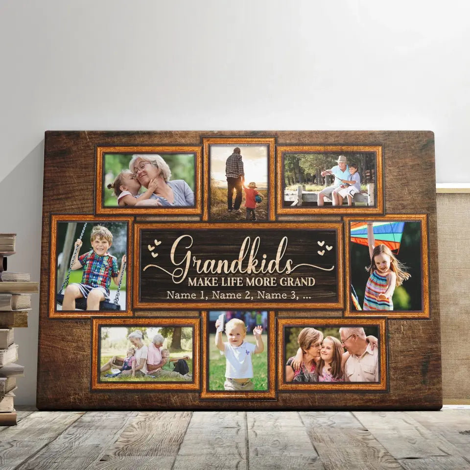 Personalized Canvas Prints, Upload Photo And Name, Love Grandparents, Grandkids Make Life More Grand Dem Canvas