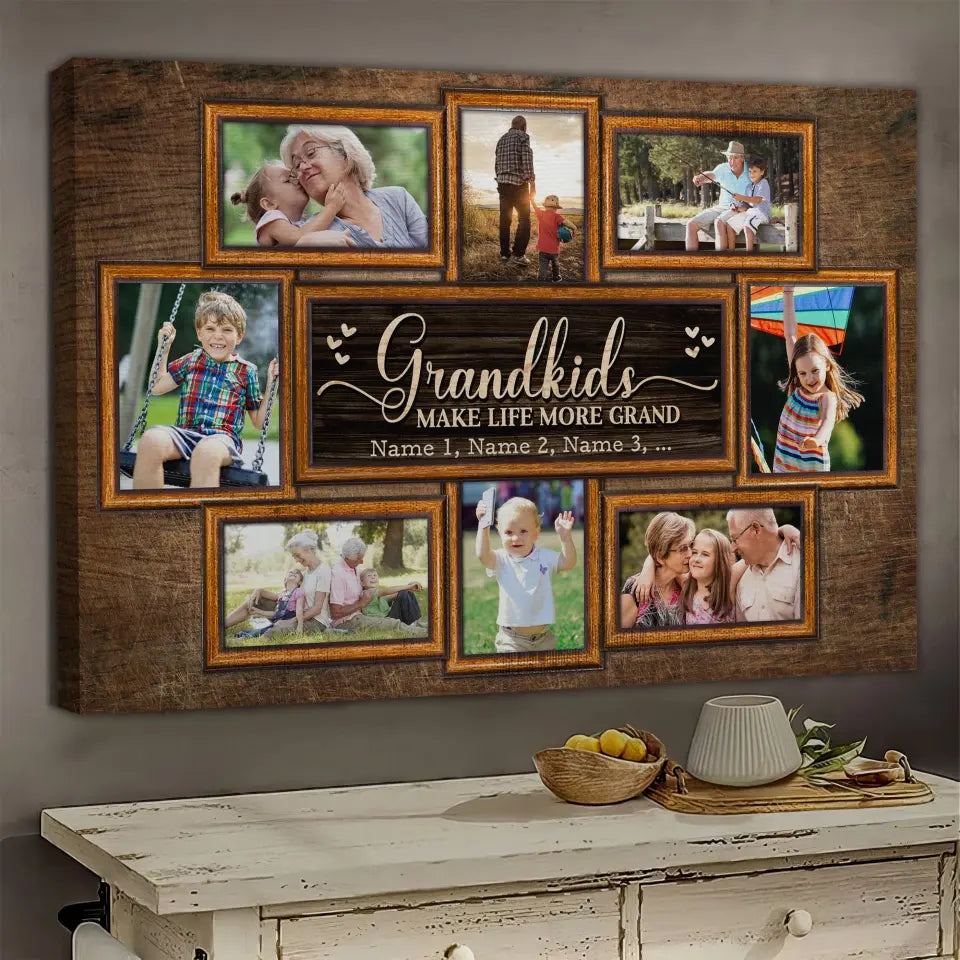 Personalized Canvas Prints, Upload Photo And Name, Love Grandparents, Grandkids Make Life More Grand Dem Canvas