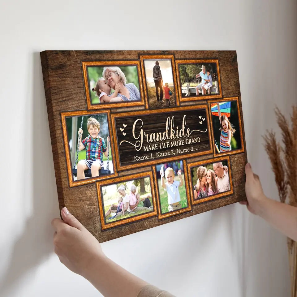 Personalized Canvas Prints, Upload Photo And Name, Love Grandparents, Grandkids Make Life More Grand Dem Canvas