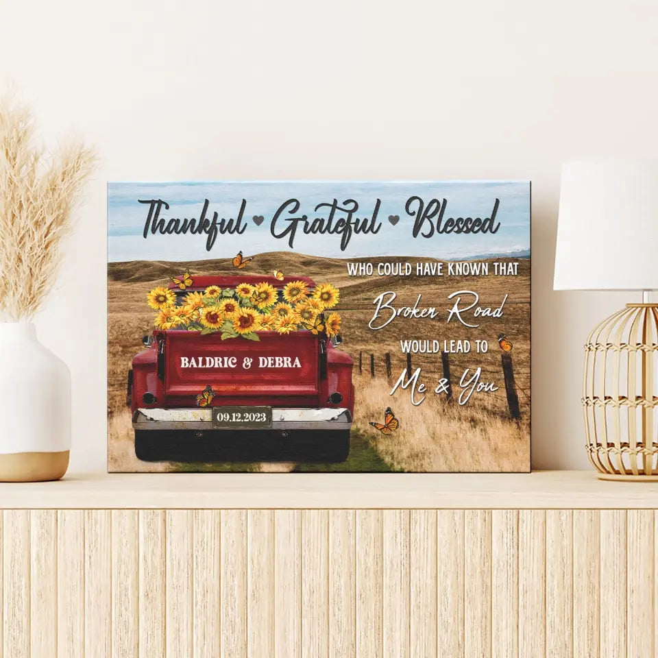 Customized Couple Gifts - Personalized Canvas Prints - Rustic Farmhouse Red Truck, Customized Anniversary Couples Gifts, Thankful, Grateful, Blessed