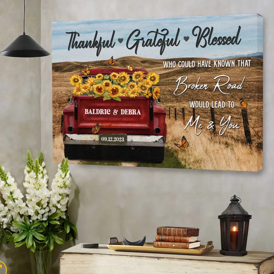 Customized Couple Gifts - Personalized Canvas Prints - Rustic Farmhouse Red Truck, Customized Anniversary Couples Gifts, Thankful, Grateful, Blessed
