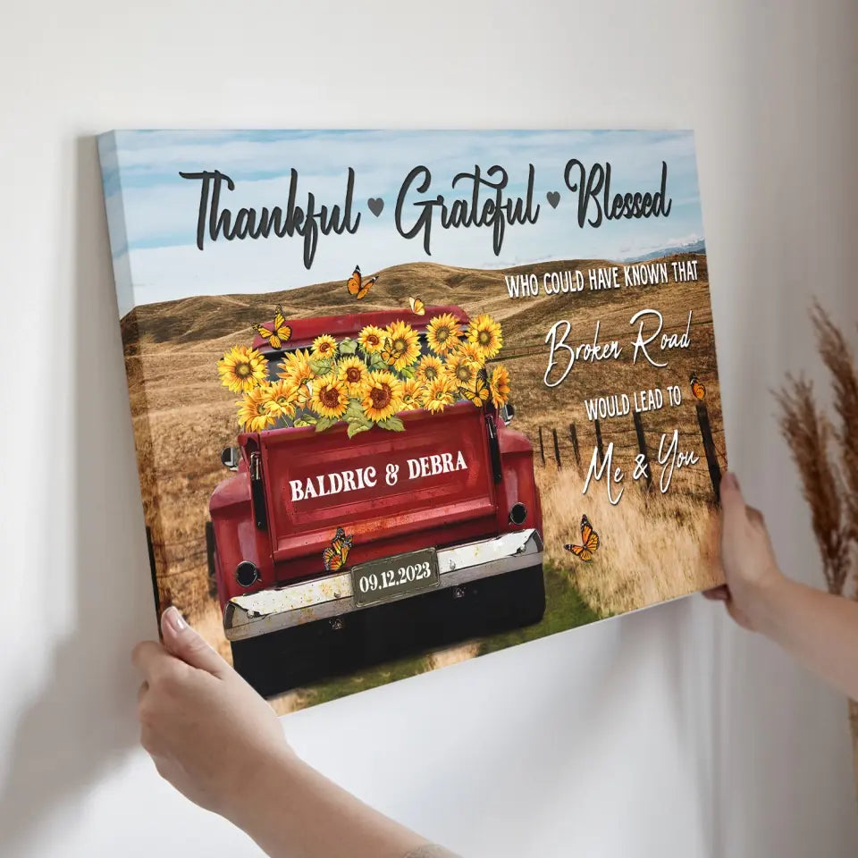 Customized Couple Gifts - Personalized Canvas Prints - Rustic Farmhouse Red Truck, Customized Anniversary Couples Gifts, Thankful, Grateful, Blessed