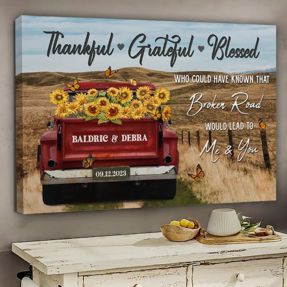 Customized Couple Gifts - Personalized Canvas Prints - Rustic Farmhouse Red Truck, Customized Anniversary Couples Gifts, Thankful, Grateful, Blessed