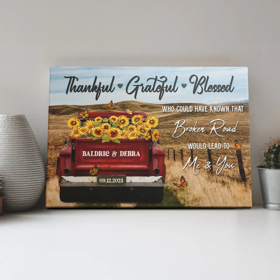 Customized Couple Gifts - Personalized Canvas Prints - Rustic Farmhouse Red Truck, Customized Anniversary Couples Gifts, Thankful, Grateful, Blessed