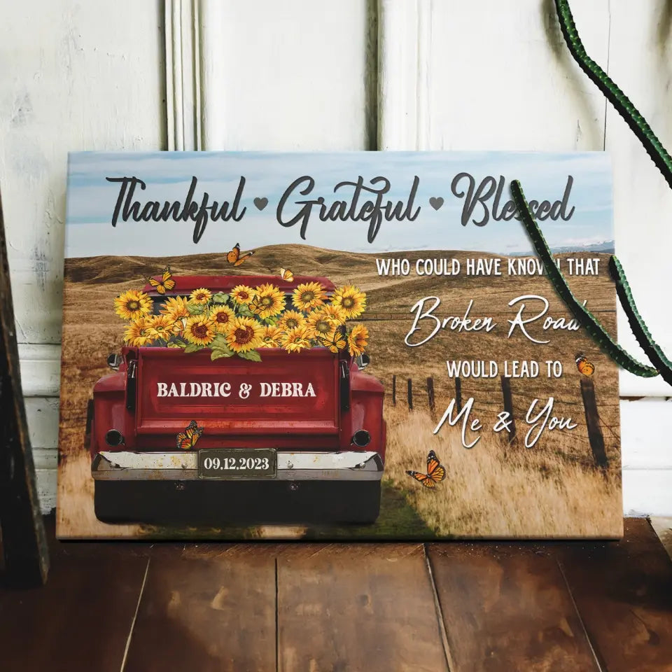 Customized Couple Gifts - Personalized Canvas Prints - Rustic Farmhouse Red Truck, Customized Anniversary Couples Gifts, Thankful, Grateful, Blessed