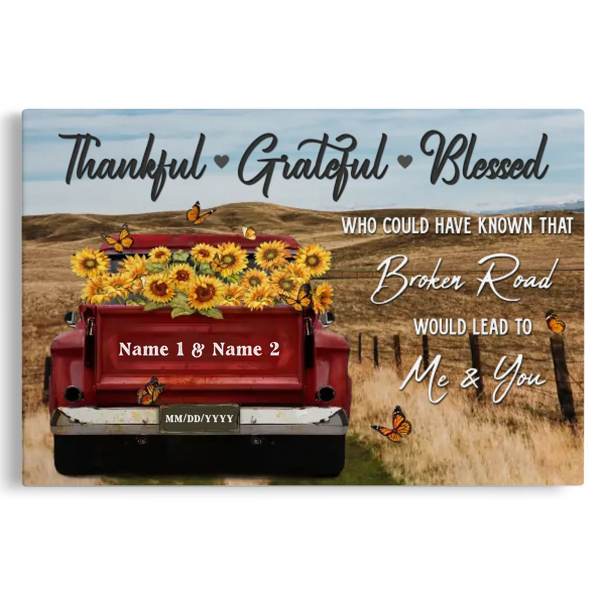 Customized Couple Gifts - Personalized Canvas Prints - Rustic Farmhouse Red Truck, Customized Anniversary Couples Gifts, Thankful, Grateful, Blessed