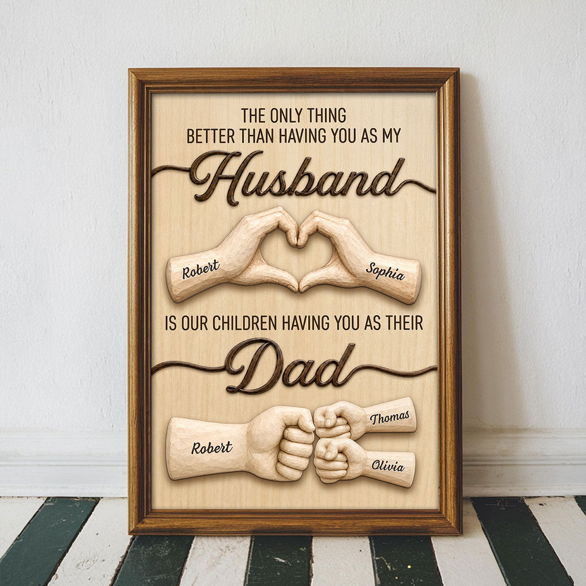 Personalized husband canvas wall art featuring custom name hands making a heart and a father-child fist bump design. image 6
