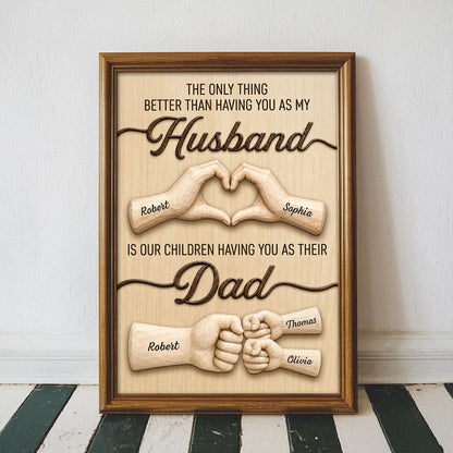 Personalized husband canvas wall art featuring custom name hands making a heart and a father-child fist bump design. image 6
