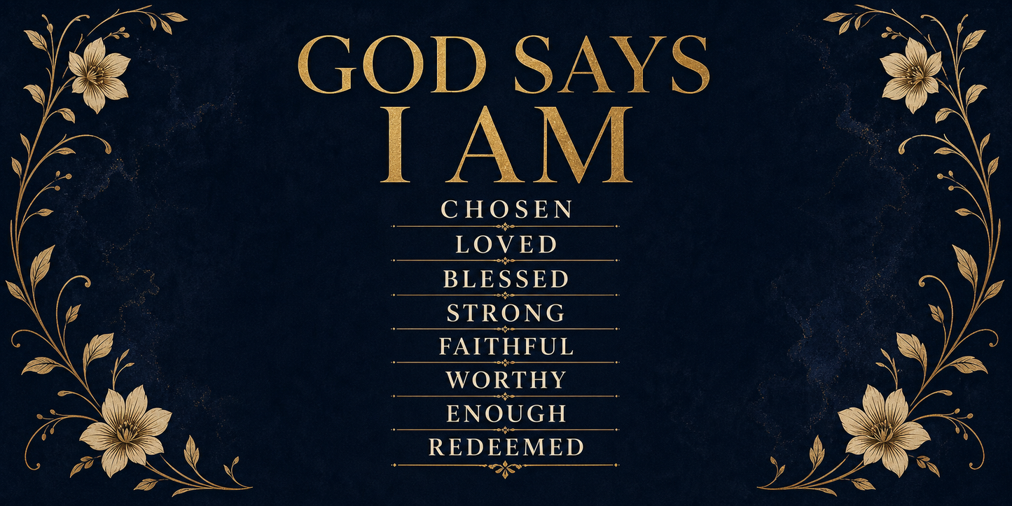 God Says I Am personalized stainless steel tumbler 20oz - flat design with Bible verses in gold text on navy background