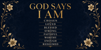 God Says I Am personalized stainless steel tumbler 20oz - flat design with Bible verses in gold text on navy background