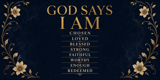 God Says I Am personalized stainless steel tumbler 20oz - flat design with Bible verses in gold text on navy background