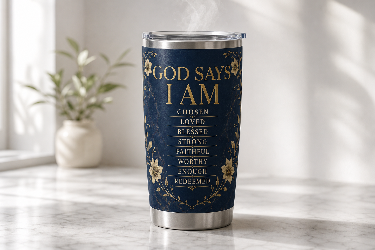 God Says I Am personalized tumbler mockup - premium stainless steel tumbler on marble countertop with steam