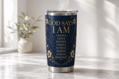 God Says I Am personalized tumbler mockup - premium stainless steel tumbler on marble countertop with steam