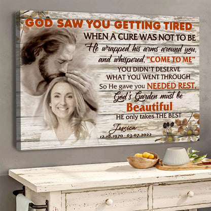 "God Saw You Getting Tired and Now You’re Safe in God’s Hand" - Personalized Photo Memorial Canvas / Poster