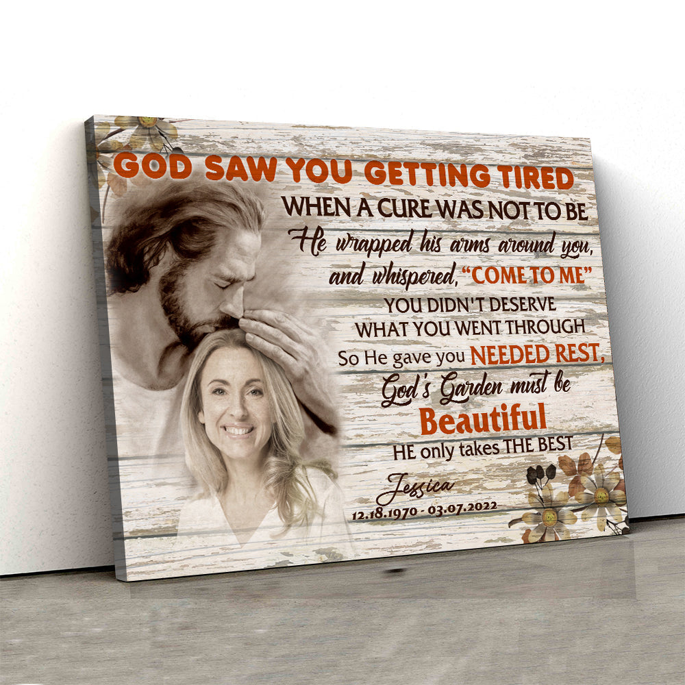 "God Saw You Getting Tired and Now You’re Safe in God’s Hand" - Personalized Photo Memorial Canvas / Poster