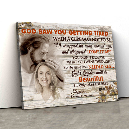 "God Saw You Getting Tired and Now You’re Safe in God’s Hand" - Personalized Photo Memorial Canvas / Poster
