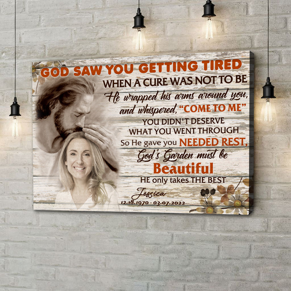 "God Saw You Getting Tired and Now You’re Safe in God’s Hand" - Personalized Photo Memorial Canvas / Poster